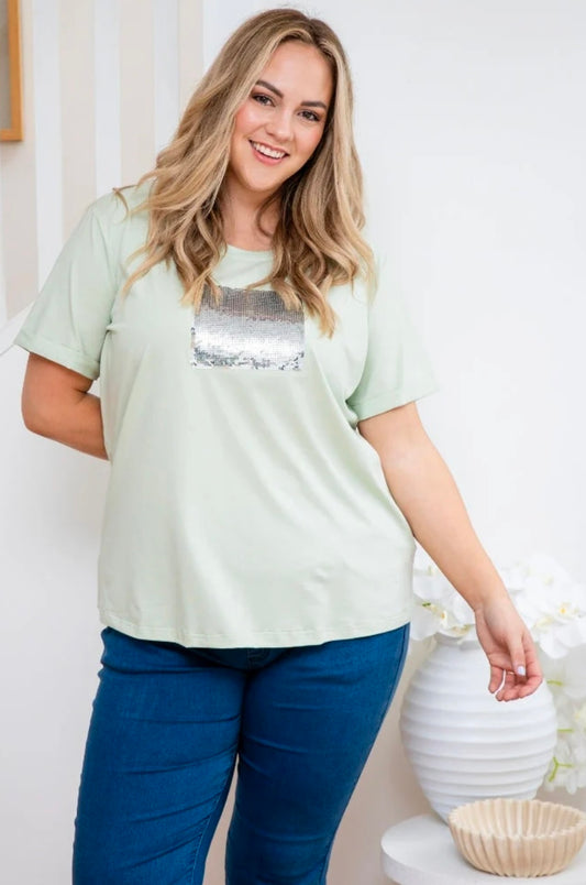 Freez Square Sequin Tee - Sage